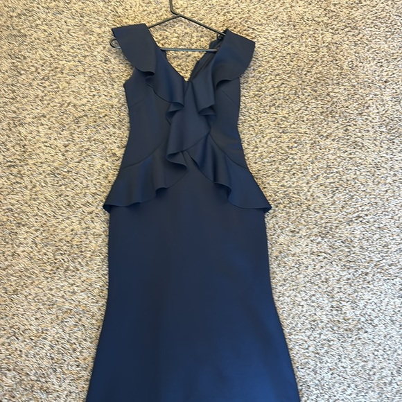 Jessica Howard Ruffled V Neck Navy 
Scuba Gown Size 4P - Picture 2 of 14